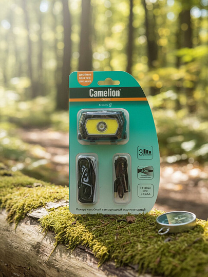 Фонарь налобный, встроенный аккумулятор, Camelion, LED53413, пластик, type-C, карбон, 15765