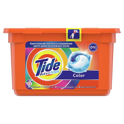 Капсулы для стирки Tide, Все в 1 Pods Color, 15 шт, капсула 22.8 г