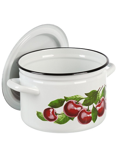 Кастрюля эмалированная сталь, 4 л, крышка сталь, цилиндрическая, Керченский металлургический завод, Вишневый сад, 41704-142/6-У4, белая