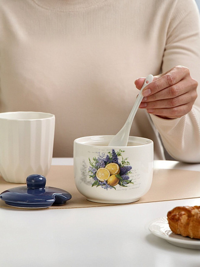 Сахарница 500 мл, доломит, 11.2х11.2х11 см, с ложкой, Daniks, Лаванда