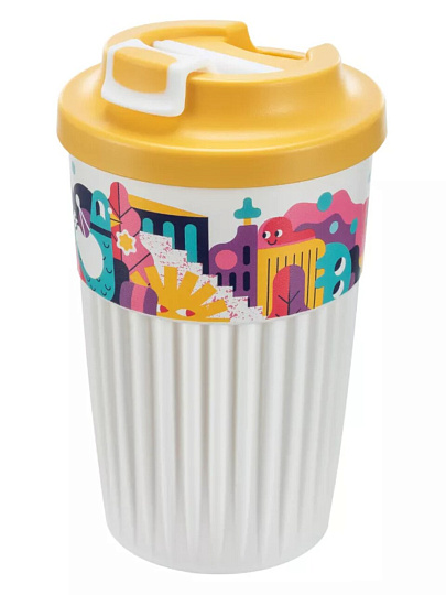Стакан 450 мл, пластик, Бытпласт, Phibo, городские фантазии, с клапаном, белый, 433277316