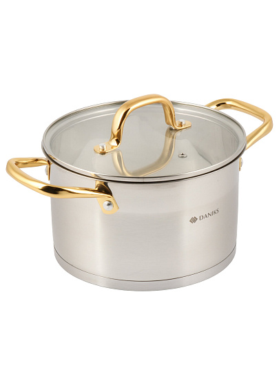 Кастрюля нержавеющая сталь, 4.75 л, крышка стекло, круглая, Daniks, Лайнс, SD-072-22, индукция