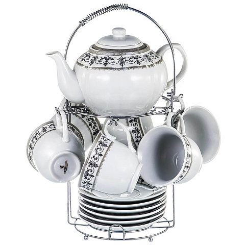 Набор чайный фарфор, 13 предметов, на 6 персон, 220 мл, чайник 1200 мл, металлическая подставка, Венера белый с серебром, 114-17051