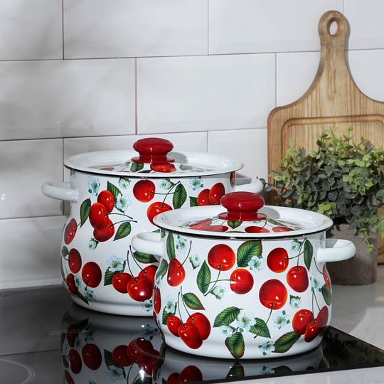 Набор посуды эмалированная сталь, 4 предмета, кастрюли 4,5.5 л, Сибирские товары, Сочная вишня 10, N10B58