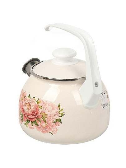 Чайник сталь, эмалированное покрытие, 2.5 л, со свистком, с кнопкой, ЛЗЭП, Букет пионов, индукция, белый, С-2711АП/4ЖмРч
