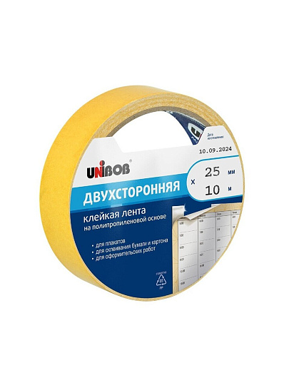 Клейкая лента 25 мм, двухсторонняя, основа полипропиленовая, Unibob, 38566