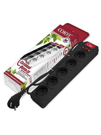 Сетевой фильтр 5 гнезд, 1.5 м, ПВС, 3х0.75 мм², с заземлением, 10 А, черный, Союз, 1335