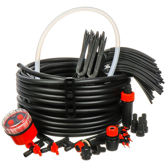 Набор для капельного полива с регулируемыми капельницами, от емкости, на 90 растений, с таймером, 30 м, Жук, 8005-00