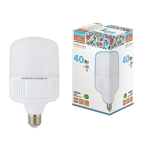 Лампа светодиодная E27, 40 Вт, 300 Вт, цилиндрическая, 6500 К, яркий дневной, TDM Electric, Народная