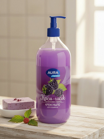 Крем-мыло жидкое Aura, Family, Silky Cream, Шелк и ежевика, 1л