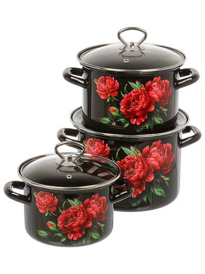 Набор посуды эмалированная сталь, 3 предмета, кастрюли 2.4, 3.4, 5 л., крыш стекло, Керченский металлургический завод, Пион-5-1-Люкс стиль