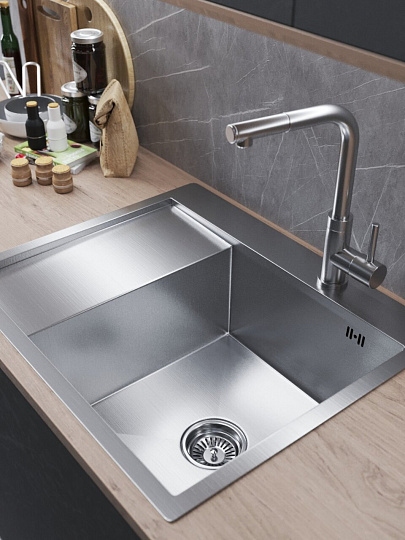 Мойка кухонная врезная, Mixline, Pro, нержавеющая сталь, 600х500х200 мм, выпуск 3 1/2, 3 мм, с сифоном, правая, сатин