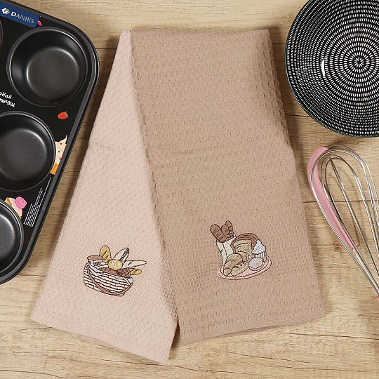 Набор полотенец кухонных 2 шт, 40х60 см, вафельный, Bella Carine, Мельница, бежевый, коричневый, Турция, FTS-P2-1