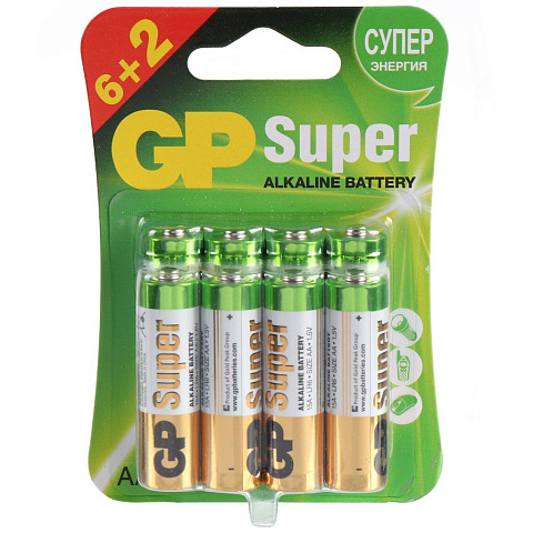 Батарейка GP, АА (LR06, LR6), Alkaline Super, алкалиновая, блистер, 8 шт, 12352