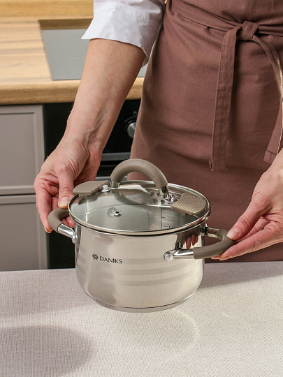 Кастрюля нержавеющая сталь, 2.1 л, крышка стекло, Daniks, Нара, GS-01413HY-16CA-2, серебристая, индукция