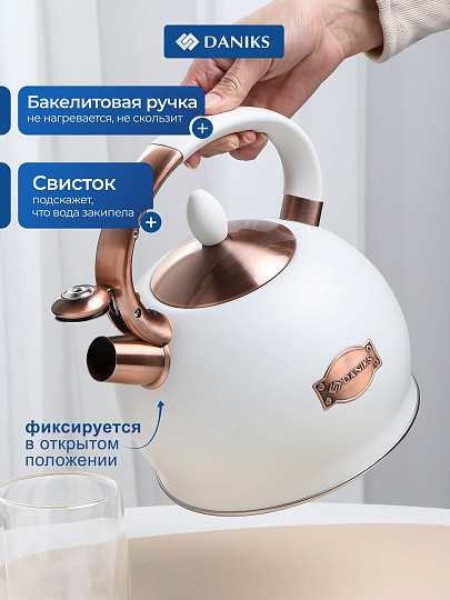 Чайник нержавеющая сталь, 2.5 л, со свистком, матовый, сталь 304, Daniks, индукция, бежевый, PR-2302