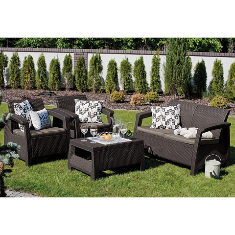 Мебель садовая Corfu Set, стол, 77х57х42 см, 2 кресла, 1 диван, подушка коричневая, 110 кг, 17197361 РОС/КОР.СЕР