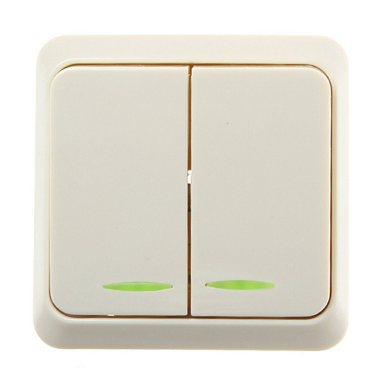 Выключатель открытой установки, двухклавишный, без заземления, 10 А, подсветка, кремовый, Powerman, Fazenda, 7123