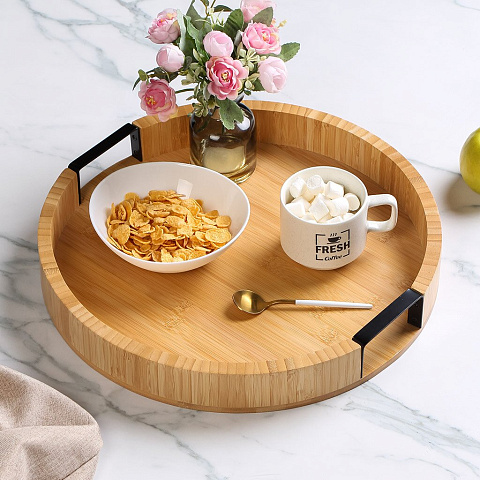 Поднос бамбук, 38.7х5.3 см, круглый, с ручками, ST01438B1