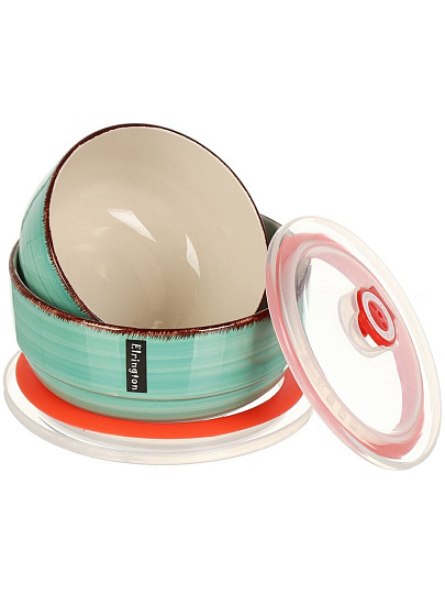 Салатник керамика, круглый, 2 шт, 10 см, 0.45, 0.8 л, с крышкой, Аэрограф, Изумруд, Elrington, 139-23109