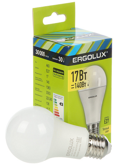 Лампа светодиодная E27, 17 Вт, 140 Вт, 220 В, груша, 3000 К, теплый белый свет, Ergolux, 13179