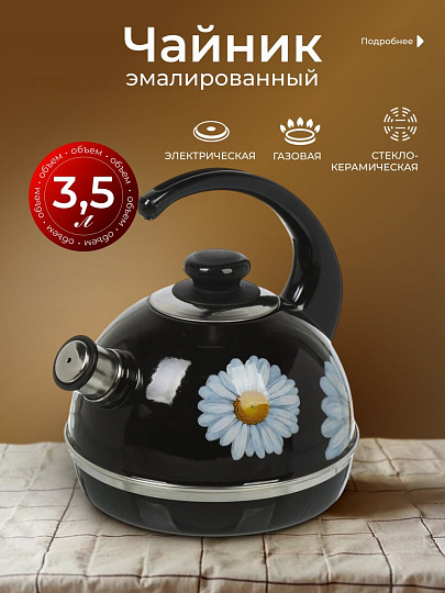 Чайник сталь, эмалированное покрытие, 3.5 л, со свистком, ручка консольная, Рубин, Ромашки, черный, T04/35/02/14