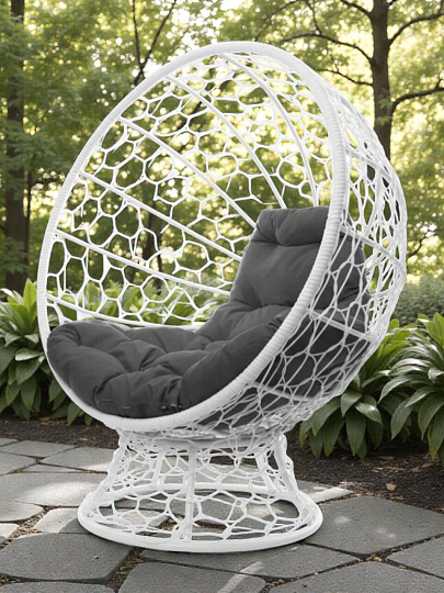 Кресло ротанг, Кокос, 132х110 см, белое, 150 кг, 1-местное, серая подушка, 11590109