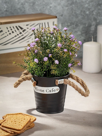 Цветок искусственный декоративный Куст с фиолетовыми цветами, в ведерке, 23 см, Y6-2050