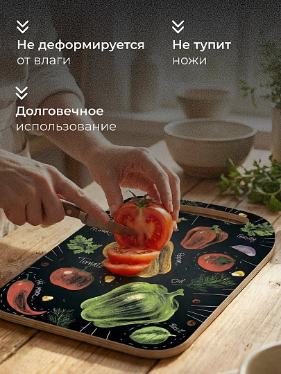 Доска разделочная дерево, 21х29х0.6 см, с ручкой, прямоугольная, Овощи, Ф-17