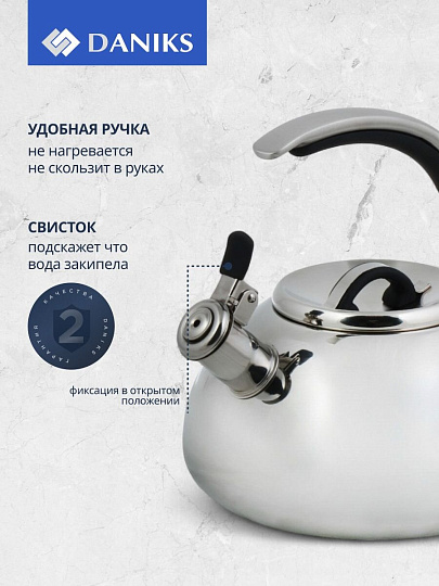 Чайник нержавеющая сталь, 3 л, со свистком, зеркальный, нержавеющая сталь, Daniks, Expert, индукция, GS-04590