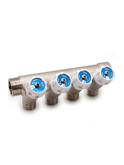 Коллектор 3/4"х1/2", г-ш, латунь, 4 выхода, круглая ручка, RTP