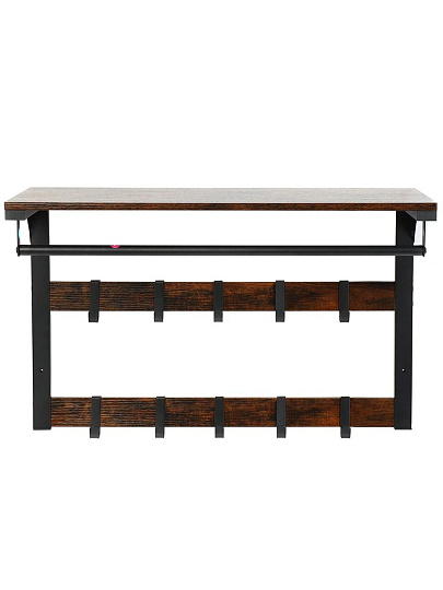 Вешалка настенная 10 крючков, с полкой, настенная, 65х30х42 см, ДСП, сталь, Лофт, LCR101B01, коричнево-черная