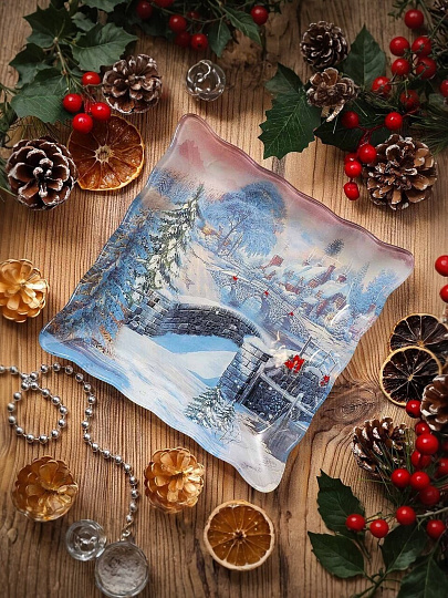 Тарелка десертная, стекло, 20х20 см, рифленая, квадратная, Зимний вечер, Daniks