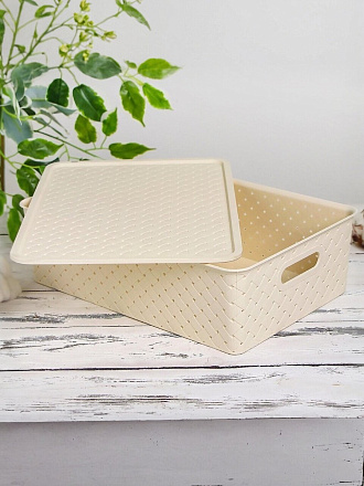Корзина для хранения, 7.5 л, 35х24.5х10.5 см, прямоугольная, плетеная, пластик, слоновая кость, с крышкой, Violet, Береста, 522126