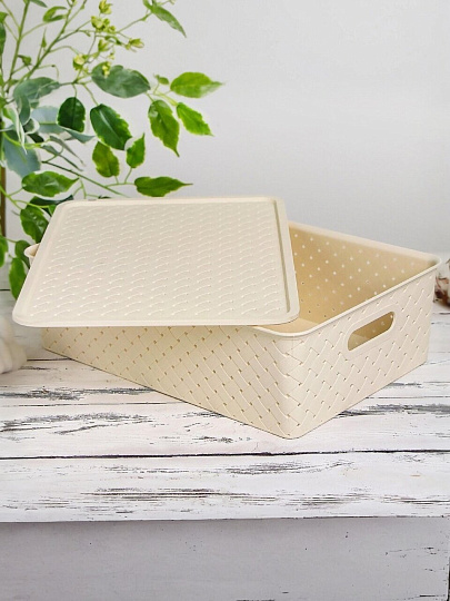 Корзина для хранения, 7.5 л, 35х24.5х10.5 см, прямоугольная, плетеная, пластик, слоновая кость, с крышкой, Violet, Береста, 522126