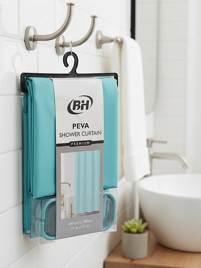 Штора для ванн 180х180 см, PEVA, Бирюзовый с кольцами, Y4-11176