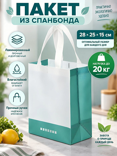 Пакет 28х25 см, спанбонд, с ламинацией, до 20 кг, бело-зеленый, Пакрус, PS-BZ-03