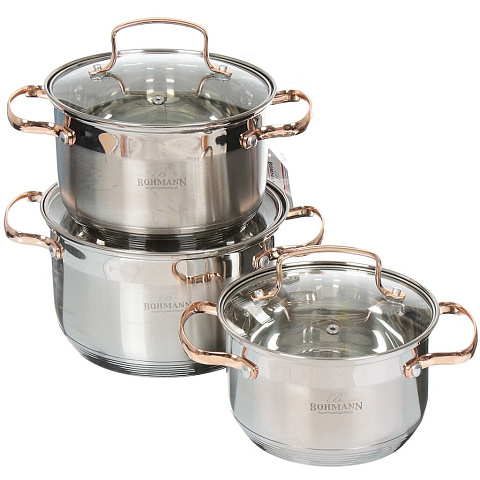 Набор посуды нержавеющая сталь, 6 предметов, кастрюли 2.1, 2.9, 3.9 л, индукция, Bohmann, BH-1903/G