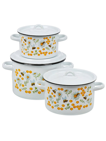Набор посуды эмалированная сталь, 3 предмета, кастрюли 1.5, 2.9, 4.5 л, индукция, СтальЭмаль, Пчелы, 1с33