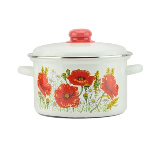 Набор посуды эмалированная сталь, 6 предметов, кастрюли 2,3,4 л, Магнитогорская эмаль, Красные маки, 2-3088/4