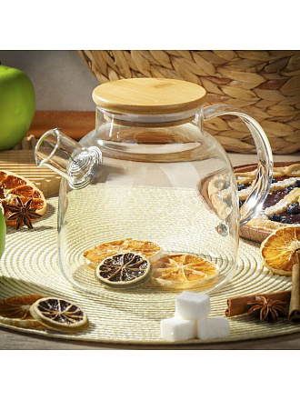 Чайник заварочный стекло, 1.5 л, с ситечком, с бамбуковой крышкой, Daniks, SXH09