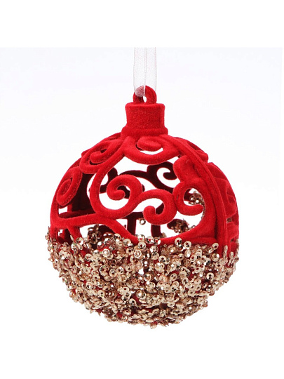 Елочное украшение Шар, красный с золотом, 7 см, пластик, флок, Y4-9460