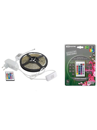 Лента светодиодная SMD 5050, 30 светодиодов/метр, 12 В, 7.2 Вт, IP65, RGB, 5 м, 24 Вт, IR-контроллер, TDM Electric, SQ0331-0235