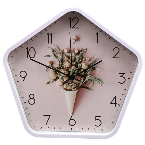 Часы настенные, 34х33х4 см, пятиугольные, пластик, розовые, Букет, Y4-5199