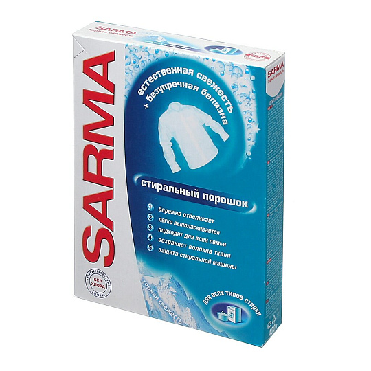 Стиральный порошок Sarma, 0.4 кг, ручной + автомат, для белого белья, Горная свежесть