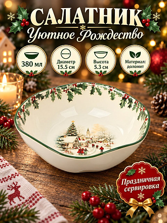 Салатник доломит, фигурный, 15.5х5.3 см, 0.38 л, Уютное Рождество, Daniks