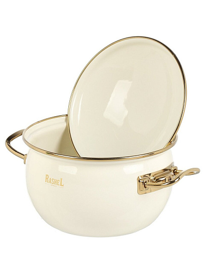Кастрюля эмалированная сталь, 3 л, крышка сталь, ручки золотые, RasheL, R1618, кремовая, индукция