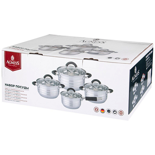 Набор кастрюль и ковш, 8пр. Agness, 1,8/2,8/3,7/6,5 л, нерж.сталь,стекл. крышки, силик. ручки, 937-247