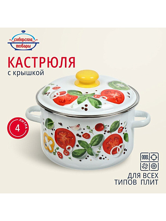 Кастрюля эмалированная сталь, 4 л, крышка сталь, цилиндрическая, Сибирские товары, Каприче, 3MD201P, белая, индукция