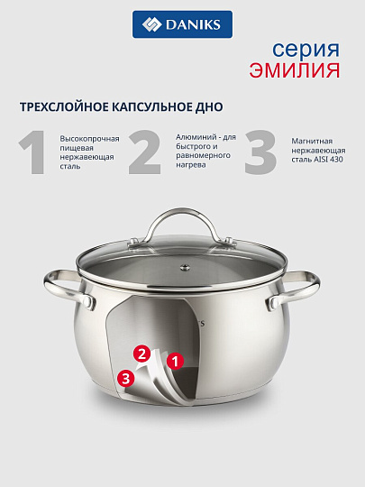 Набор посуды нержавеющая сталь, 6 предметов, кастрюли 2.8, 5л, ковш 2л, индукция, Daniks, Эмилия, CW-W075-SE